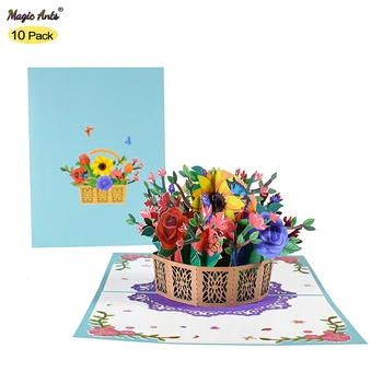 10 Paket Çiçek Sepeti Pop Up Kart Anneler Günü Yıldönümü Doğum Günü Şükran Günü 3D Tebrik Kartları Kadın Eşi Anne