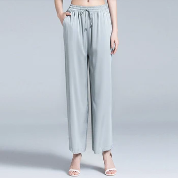 100 % Ipek Yüksek Bel Düz Renk Geniş Bacak Pantolon Kadın Yaz Rahat Artı Boyutu 2 Renk Ayak Bileği Uzunluğu Pantolon Yeni Moda