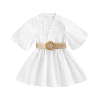 2022-03-12 Lioraitiin 2-7Years Toddler Bebek Kız Yaz Kısa Kollu Katı V Yaka Düğme Elbise Kemer ile