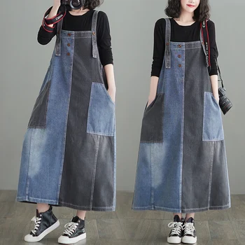 2022 Moda Denim Genel Elbise Kadınlar İçin Moda Dikiş Askı bir çizgi elbise Midi Gevşek Kore Kayış Kot Elbise M2090