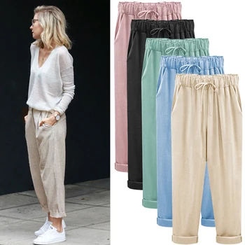 2022 Moda Kadın Dokuz Puan Pantolon Pamuk keten Yeni Rahat Paketleme Geniş bel kemeri Şeker renkli kurşun kalem Pantolon