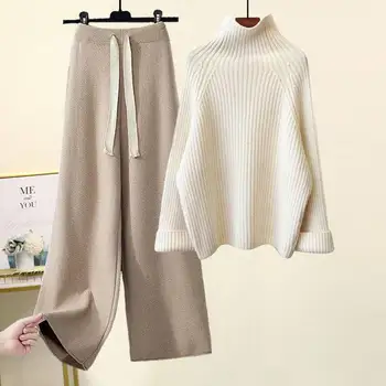 2022 Sonbahar Kış sıcak Örme Takım Elbise Kadın Uzun Kollu Yarım Balıkçı Yaka Kazak Geniş Bacak pantolon seti Gevşek Katı Dış Giyim