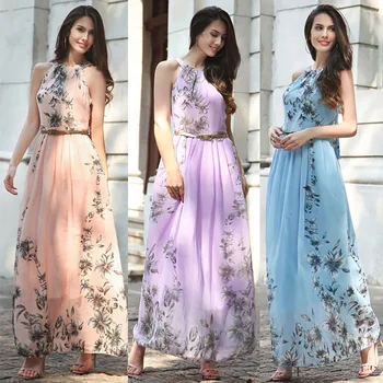 2022 Uzun elbise Şifon Etek Yeni Spagetti Kayışı Kolsuz Çiçek Elbise Büyük kadın Lace Up Yüksek Bel Zarif yaz elbisesi