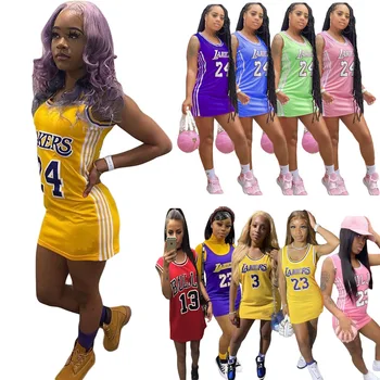 2022 Yeni Bayanlar Yaz Yuvarlak Boyun Baskılı Basketbol Elbise Büyük Boy Gevşek Bayan Yaz Tek Parça