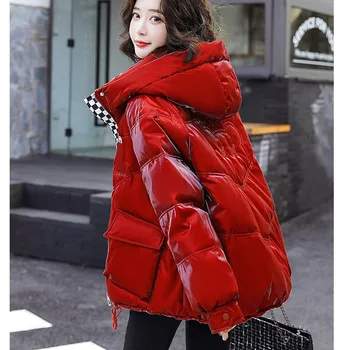 2022 Yeni Kış aşağı pamuklu ceket kadın Kore Tarzı Moda Colorblock Parlak Gevşek Zayıflama Pamuk Dolgulu ceket kadın ceket