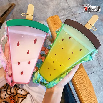 320ml Plastik Su Şişeleri Sevimli Karpuz Dondurma Su Şişesi pipetli suluk Anti-fall Taşınabilir Popsicle Kupası Çocuklar Su