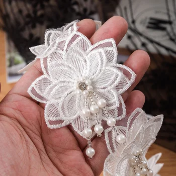 3D Çiçek Yamalar Dantel Şerit İnci Dekoratif 7.5 cm Geniş düğün elbisesi Giyim Dıy Zanaat Kaynağı El Yapımı Dikiş Aksesuarları 1m