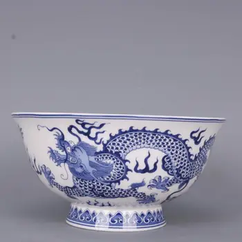 6 inç Qing Hanedanı Qianlong Mavi Ve Beyaz Çift Ejderha Desen Kase Antika Zanaat Porselen Ev Çin Sofra Süsler