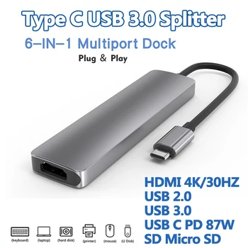 6 Port USB 3.0 Tip C Hub USB Hub Çoklu Splitter Kullanımı Güç Adaptörü 4 Port Çoklu Genişletici PD 87W 4K SD PC macbook pro için Telefon