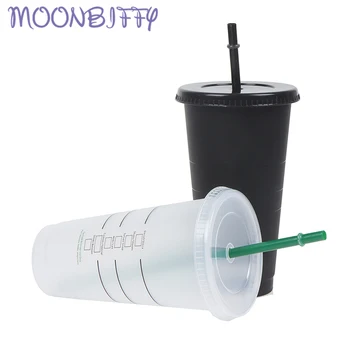 710ml Siyah Beyaz Saman kapaklı bardak Renk Değişimi Kahve Fincanı Kullanımlık Bardak Plastik Bardak Mat Finish Kahve Kupa