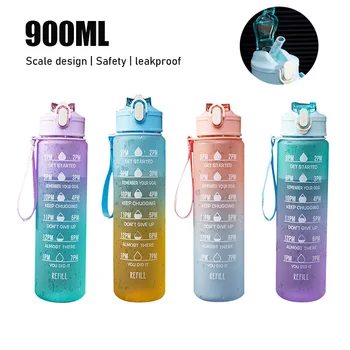 900ml Su Şişesi Zaman Ölçeği İle Spor Açık Spor Su pipetli şişeler Buzlu Sızdırmaz Motivasyon Spor Bardak