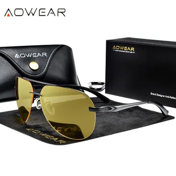 AOWEAR Çerçevesiz gece görüş gözlüğü Erkekler Polarize Güvenli Gece Sürüş Gözlük Gözlük Erkek UV400 Sarı Güneş Gözlüğü Gafas De Sol