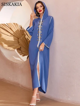 Arap Galabiyas Kadınlar Robe Femme Vintage Kapşonlu evaze elbise Elmas V Yaka Uzun Kollu Kaftan Abaya Ramazan Bayram
