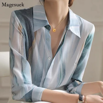 Baskılı Zarif şifon bluz Kadınlar Tops Uzun Kollu Vintage Saten Bluzlar Kadın Moda Sonbahar Rahat Gevşek İpek Gömlek 21808