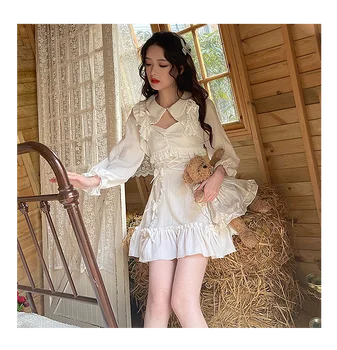 Beyaz Kore Tarzı Tatlı Lolita Elbise Kadın Yay Sevimli Kawaii Parti Mini Elbiseler Kadın Japon Prenses Kayış Elbise Yaz 2022