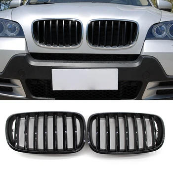 BMW için E70 X5 E71 X6 07-13 araç ön ızgarası Parlak Siyah Böbrek ızgara 1 çift (Parlak Siyah)