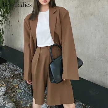 Bornladies Kadın Retro Gevşek Blazer Setleri Tek göğüslü Ceket ve Düz Şort 2 Parça Setleri Kadın Blazer Takım Elbise