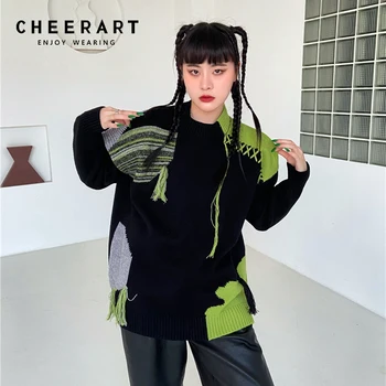 CHEERART Renk Bloğu Büyük Boy Kazak Kadın Giyim Siyah Kazak Tasarımcı Örme Streetwear Kazak Kış Triko