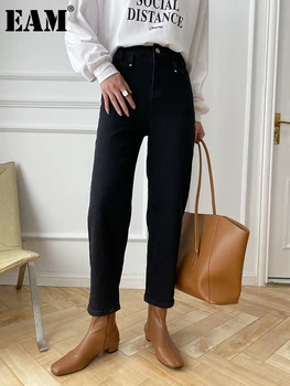[EEM] Yüksek Bel Siyah Kısa Kalın Polar Sıcak Uzun Pantolon Yeni Gevşek Fit Pantolon Kadın Moda Sonbahar Kış 2023 1DF2857