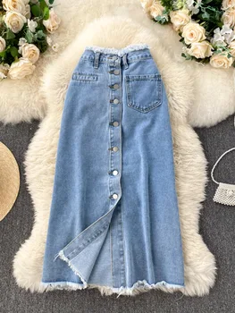 Foamlina Uzun Kot Etek Kadınlar için Kore Moda Vintage Püsküller Yüksek Bel Tek Göğüslü A-line Kot Etek Cepler ile