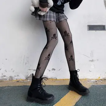 Gotik Tayt Kadın Tayt Lolita Delikli Örgü Vücut Çorapları Japon Dipli Dantel Külotlu Kafatası Punk Siyah Çorap