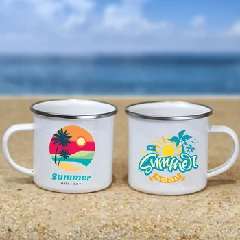 Hello Yaz Hindistan Cevizi Ağacı Baskı Emaye Yaratıcı Kahve Çay Su süt kupası Deniz Tatil Suyu Kola Kupalar Kolu Drinkware Kupa Hediye