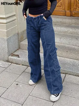 HEYounGIRL Moda Kadın Kargo Şalvar Kot Cep Harajuku Vintage Casual Geniş Bacak Pantolon Bayanlar Denim Pantolon Streetwear