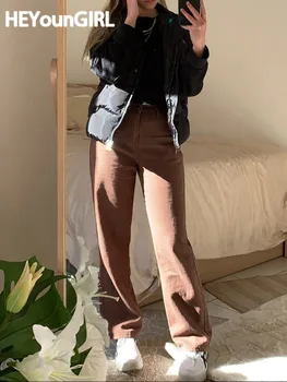HEYounGIRL Rahat Düz Kahverengi Kot Kadın Bağbozumu Yüksek Bel Uzun Pantolon Bayanlar Rahat Gevşek Geniş Bacak Pantolon Kapriler Sonbahar