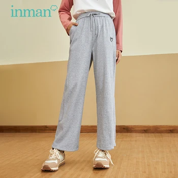 INMAN kadın pantolonları Sonbahar Kış Rahat Gevşek Elastik Bel Tasarım Saf Renk Saf Renk Sweatpants