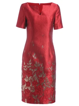 Jakarlı Düz Elbise Kalem Elbise Çiçek Kısa Kollu Kırmızı Elbiseler Ofis Bayan Parti Düğün Akşam Doğum Günü Elbise Kadınlar için