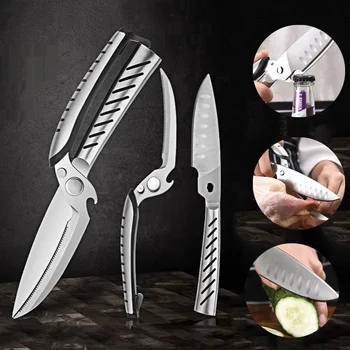Japon şef bıçağı 3 İn 1 Mutfak Bıçakları Makas Çıkarılabilir Güçlü Tavuk Makas Mutfak Balık Kesici Paslanmaz Bıçak