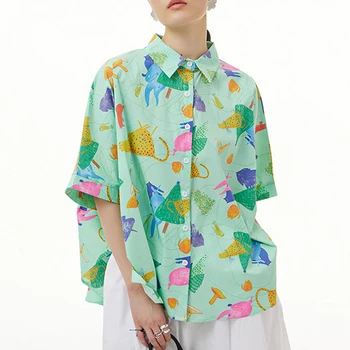 Johnature Moda Baskı Kadın Gömlek 2023 Yaz Yeni Tüm Maç Turn-aşağı Yaka Gevşek Düğme Kadın Bluzlar