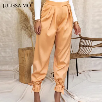 JULISSA MO Beyaz Saten Yüksek Bel Pantolon Kadın Sonbahar Cepler Uzun harem pantolon Zarif Bayanlar Lace Up Tayt Pantolon 2020