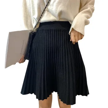 Kadın Etek Siyah Kısa Pilili Etek Bahar Sonbahar Kış Elastik A-line Örme Mini Etek Siyah faldas mujer