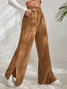 Kadın Kadife Geniş Bacak Pantolon Moda Rahat Cep Yüksek Bel Elastik Bel Bacak Çatal Uzun Pantolon Kadınlar İçin Siyah Sonbahar Kış