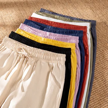 Kadın Pantolon Bahar Sonbahar Ayak Bileği Uzunluğu Rahat Düz Kalem Katı Elastik Bel Harem Kız Pantolon Ince Pamuk Keten Pantolon