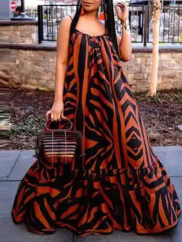 Kadın yaz elbisesi 2022 VONDA Vintage Fırfır Baskı Parti Maxi uzun elbise Kadınlar Zarif Sundress Seksi Kolsuz Parti Femme Elbise