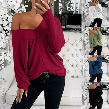Kadınlar Casual Katı Renk Gömlek Seksi Bir Omuz Uzun kollu V Yaka Gevşek Üstleri Serin Kız Streetwear Kazak Blusa Feminina