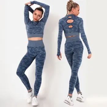Kamuflaj Kadın Yoga Seti Dikişsiz Spor Takım Elbise Spor Salonu Spor Giyim Egzersiz Uzun Kollu Güzellik Geri Yüksek Bel Tayt Spor