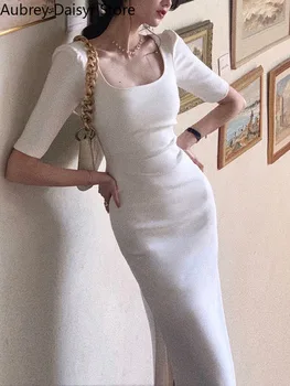 Kore Zarif OL Uzun Beyaz Elbise Kadın Fransız Vintage Hepburn Bodycon Elbise Kadın Seksi Rahat Dökülen Kıvrımlar Akşam Parti Elbise