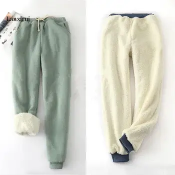 Kış Kuzu Derisi Kalın Elastik Bel Pantolon Gevşek Büyük Boy Düz Renk Pamuk harem pantolon Kadın Rahat Sıcak Pantolon