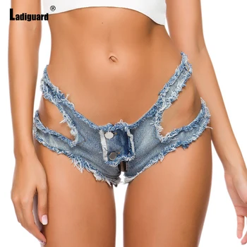 Ladiguard 2021 Seksi Hollow Out kot şort Kadın Moda Fermuar kısa kot pantolon Ekleme Düğmesi Külot Bayanlar Yaz Yırtık hotpants