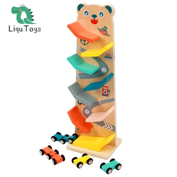 LIQU Yürümeye Başlayan çocuk oyuncakları Yarış Pisti, Ahşap Rampa Araba Rampa Racer Renkli Ahşap Yarış Pisti Rampası 4 Mini Araba