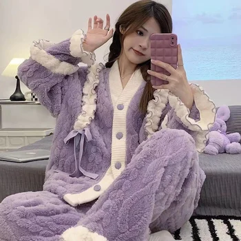 Mercan Polar Pijama Setleri Kadınlar İçin Kış Kalın Sıcak Uzun Kollu Pantolon Gecelik 2 adet / grup Pijama