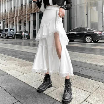 Midi Etek Kadın Şık Düzensiz Harajuku Etek Rahat Serin Bölünmüş Dantel Ruffles Etekler Yaz 2020 Sonbahar kadın giyim Yeni