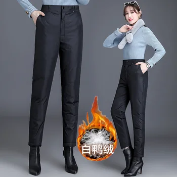 Orta Yaşlı 5xl Büyük Boy pamuklu pantolonlar Kadın Kış Siyah Düz Kalın Sıcak Pantalones Ofis Bayan Yüksek Bel Kar Pantolon