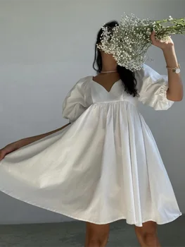 Pamuklu V Yaka Gevşek Puf Kollu Mini Elbise Moda Beyaz Yaz Kadın evaze elbise 2022 Katı Casual Retro Yüksek Bel Vestido