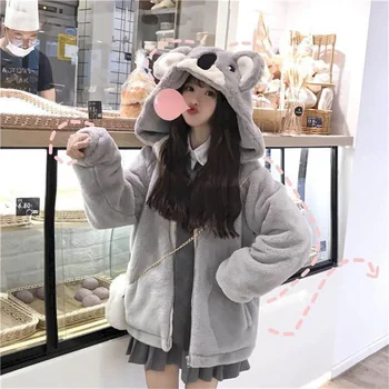 Peluş ceket Kadın 2021 Sonbahar Kış Yeni Japon Yumuşak Kız Sevimli Koala Kulak Kapşonlu Ceket Öğrenci Kalınlaşmış Kürklü Ceket Kız