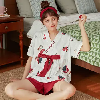 Pijama kadın Yaz Kısa Kollu Japon Tarzı Taze Ve Sevimli Giyilebilir Dışında İnce Ev Giysileri Takım Elbise İki Parçalı Set