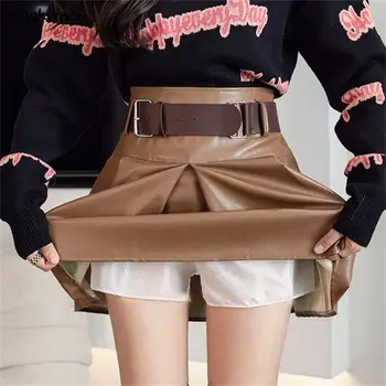 PU Etekler Kadın Pilili Yüksek Bel Zarif Tüm Maç Eğlence Bahar Sonbahar Seksi Mini Kore Tarzı Kadın Katı Rahat Streetwear